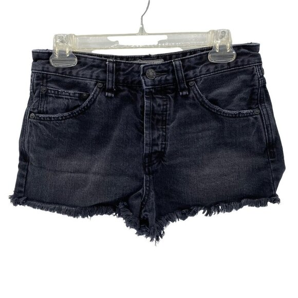 Free People Black Denim Raw Hem Button Fly Shorts Women's Size 26 - Picture 1 of 5